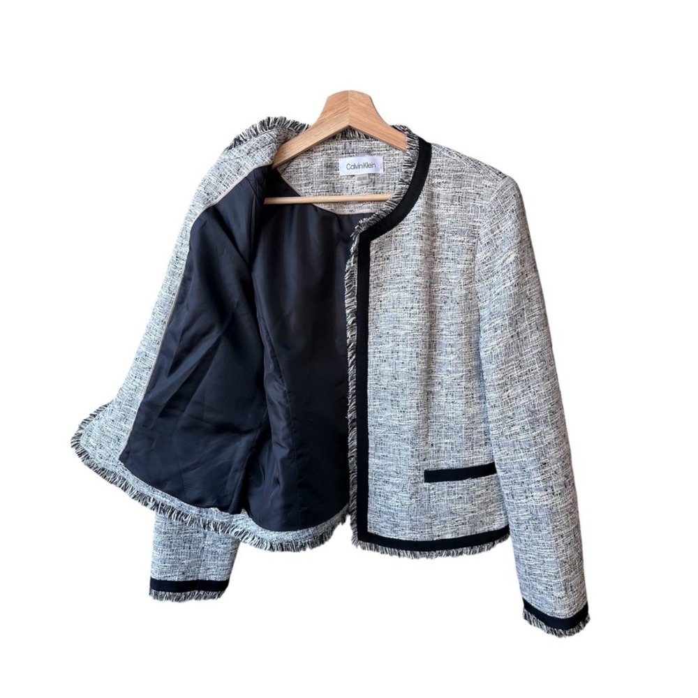 Calvin Klein Blazer Jacket Coat Black White Tweed Fringe Open Front Size 12 - Picture 3 of 9